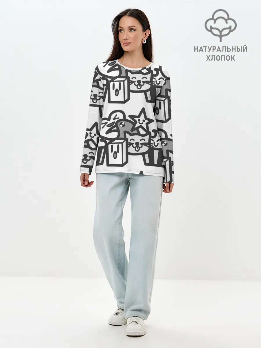 Лонгслив женский. Хлопок / Чёрно-белые дудлы