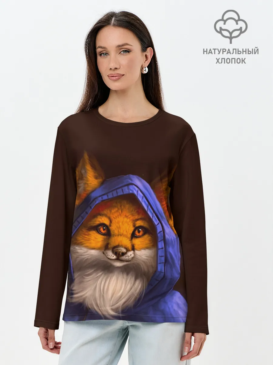 Лонгслив женский. Хлопок / Лисенок в капюшоне