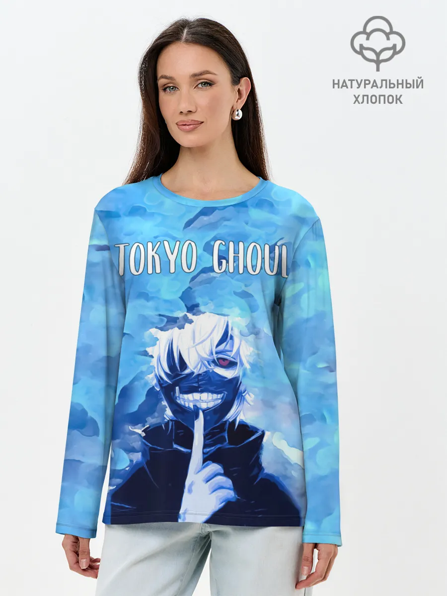 Лонгслив женский. Хлопок / Kaneki Ken на синем фоне