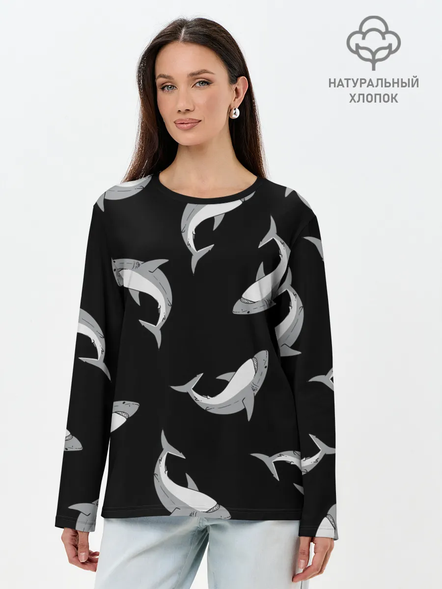 Лонгслив женский. Хлопок / Акулы