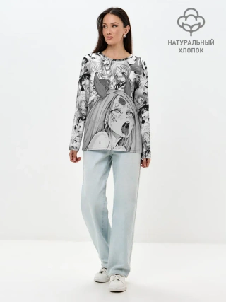 Лонгслив женский. Хлопок / KAGUYA AHEGAO чернобелое / КАГУЯ АХЕГАО