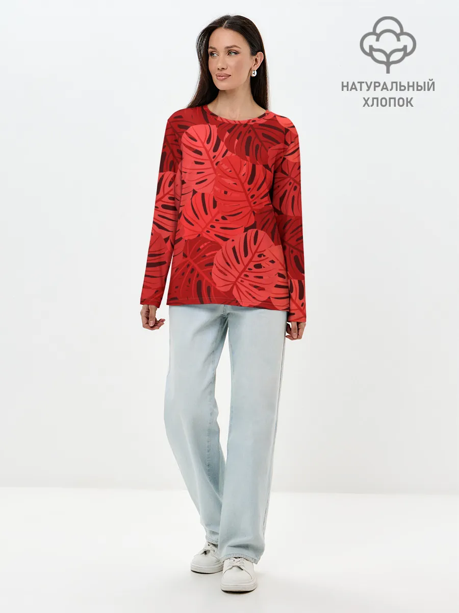 Лонгслив женский. Хлопок / Тропические листья Монстера