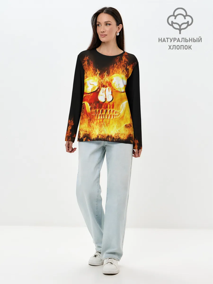 Лонгслив женский. Хлопок / Огненный череп