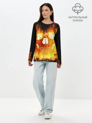 Лонгслив женский. Хлопок / Огненный череп