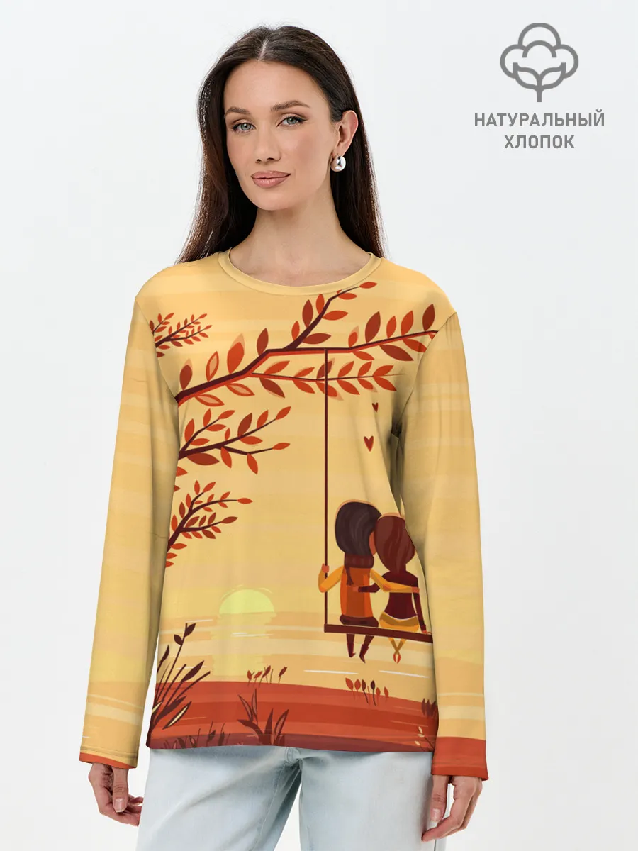 Лонгслив женский. Хлопок / Романтика. Пара на качелях