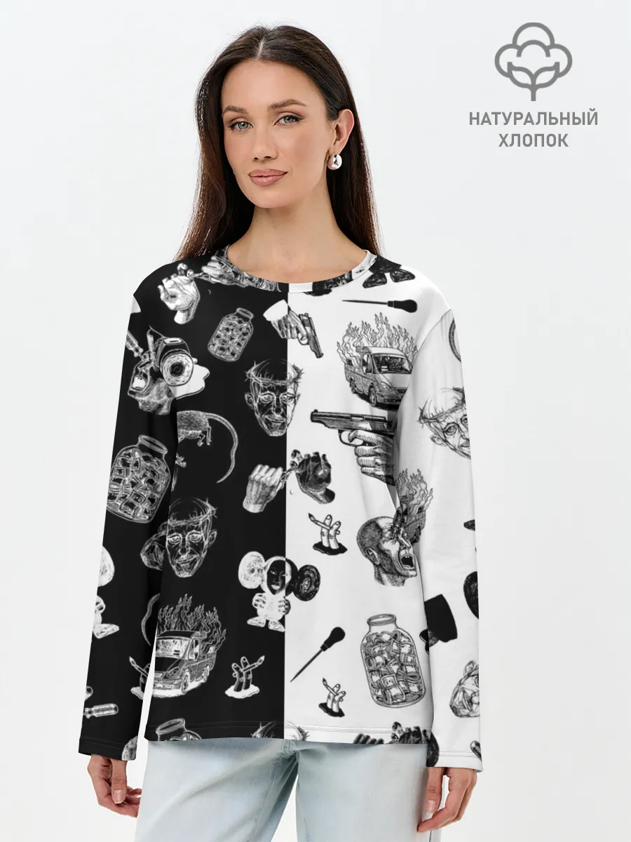 Лонгслив женский. Хлопок / КРОВОСТОК ТАТУИРОВКИ ЧБ