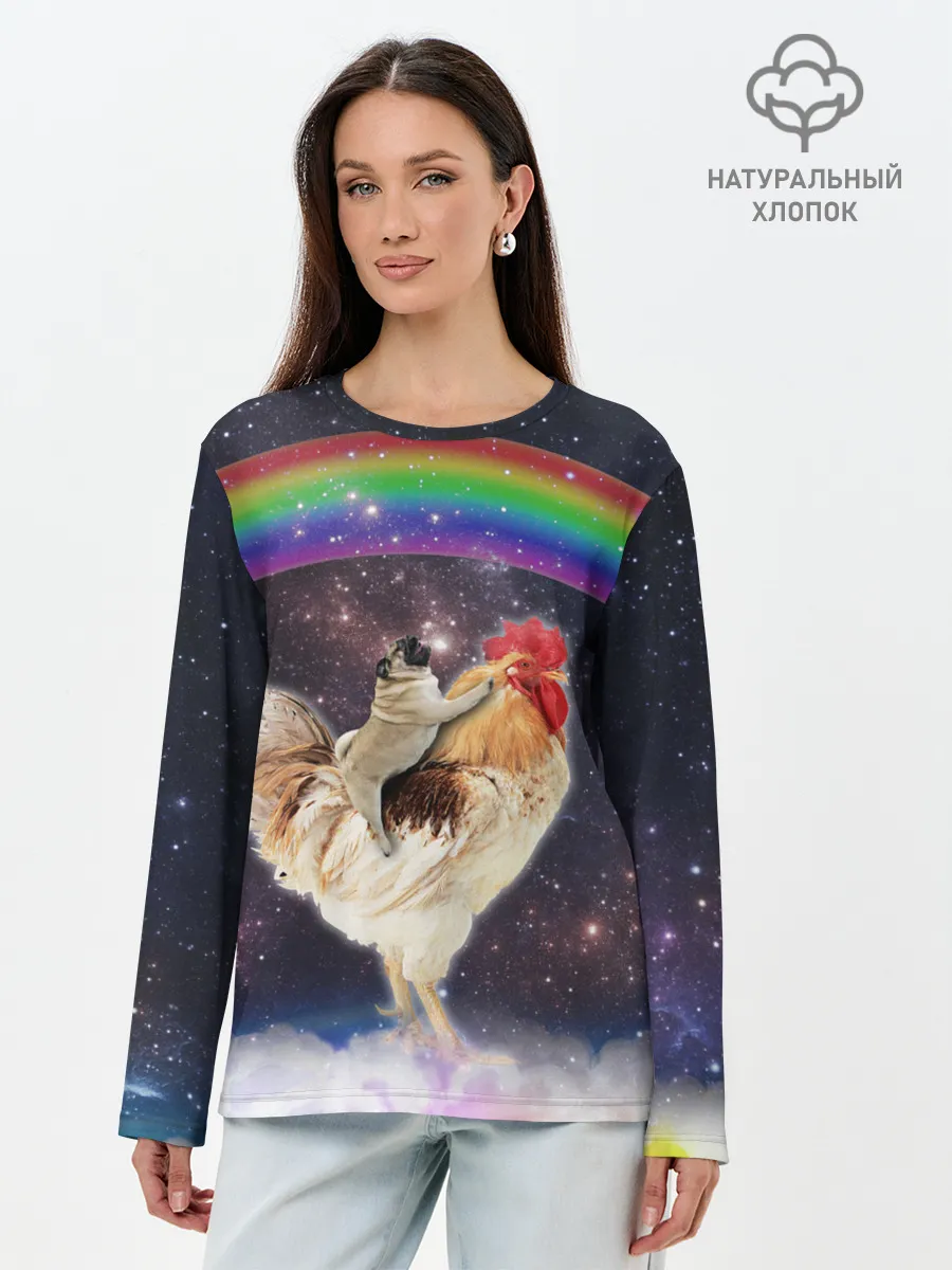Лонгслив женский. Хлопок / Мопс на курице в космосе