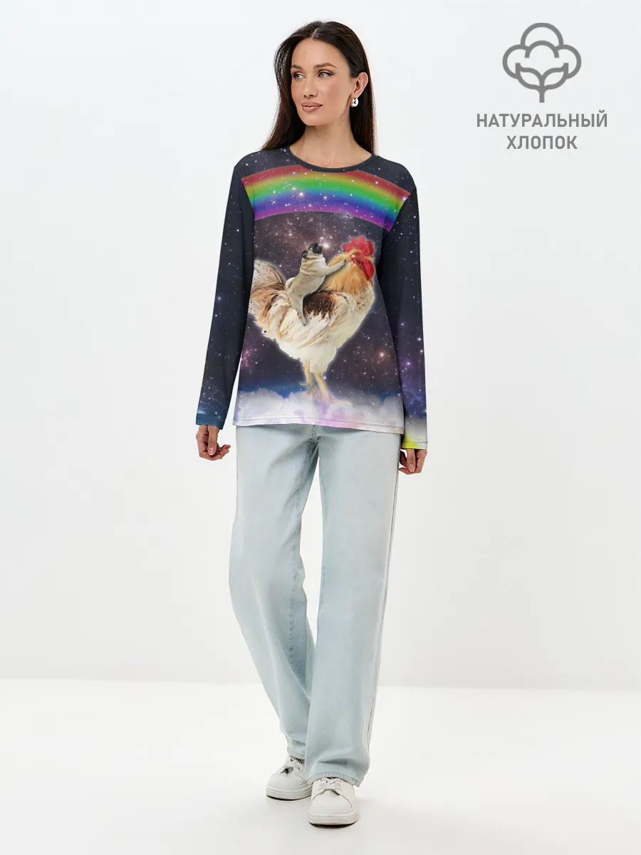 Лонгслив женский. Хлопок / Мопс на курице в космосе
