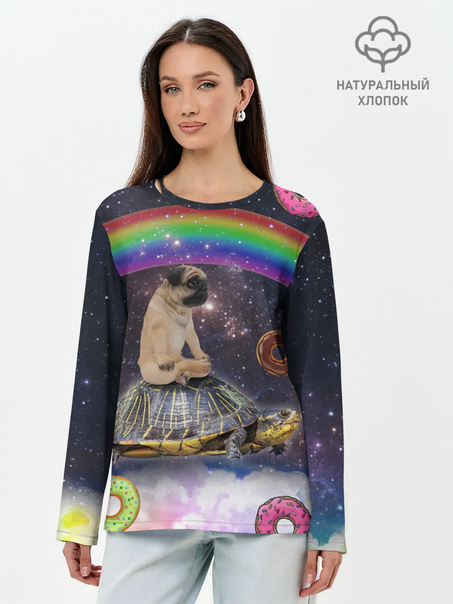 Лонгслив женский. Хлопок / Мопс на черепахе в космосе