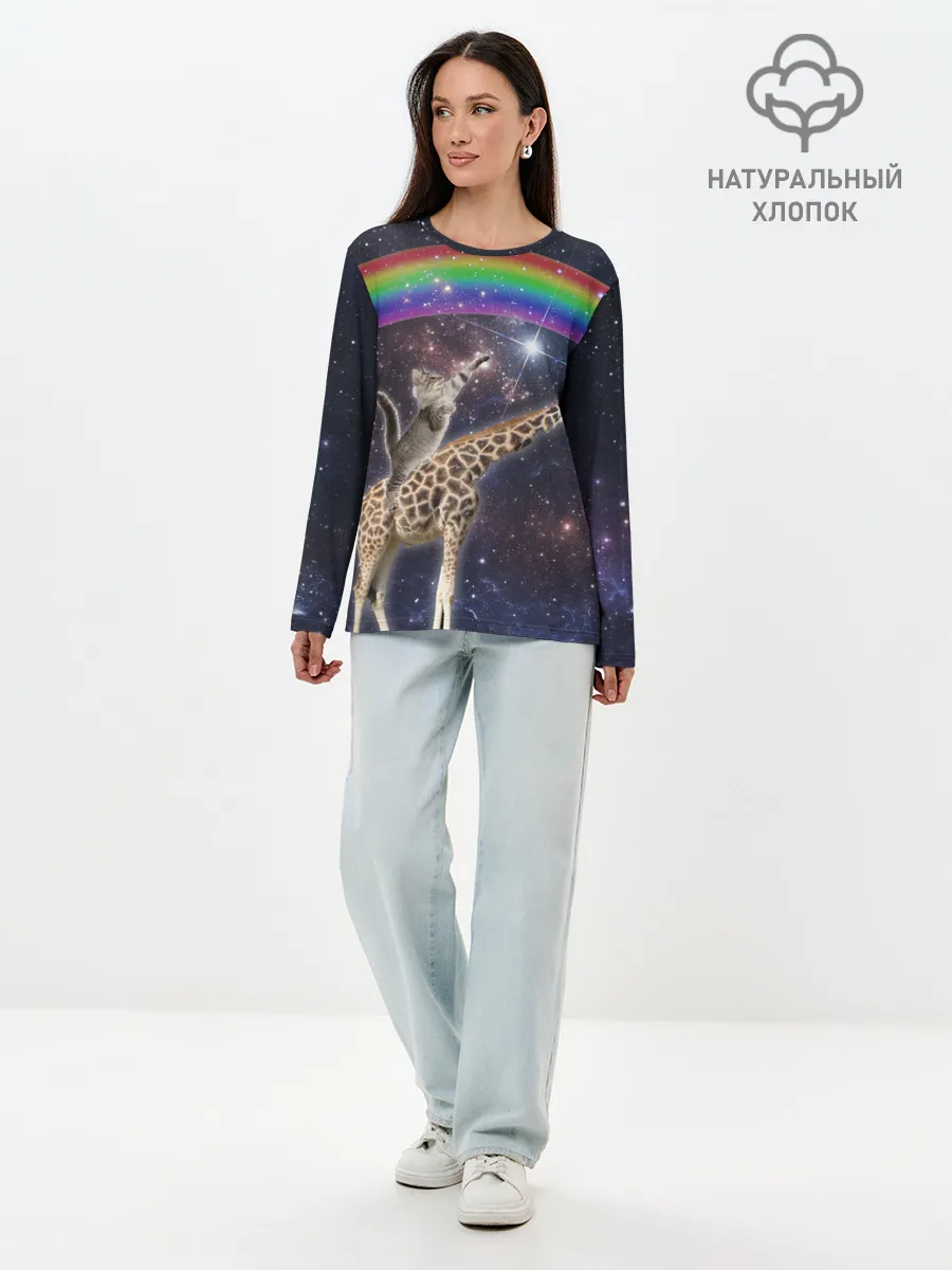 Лонгслив женский. Хлопок / Кот на Жирафе
