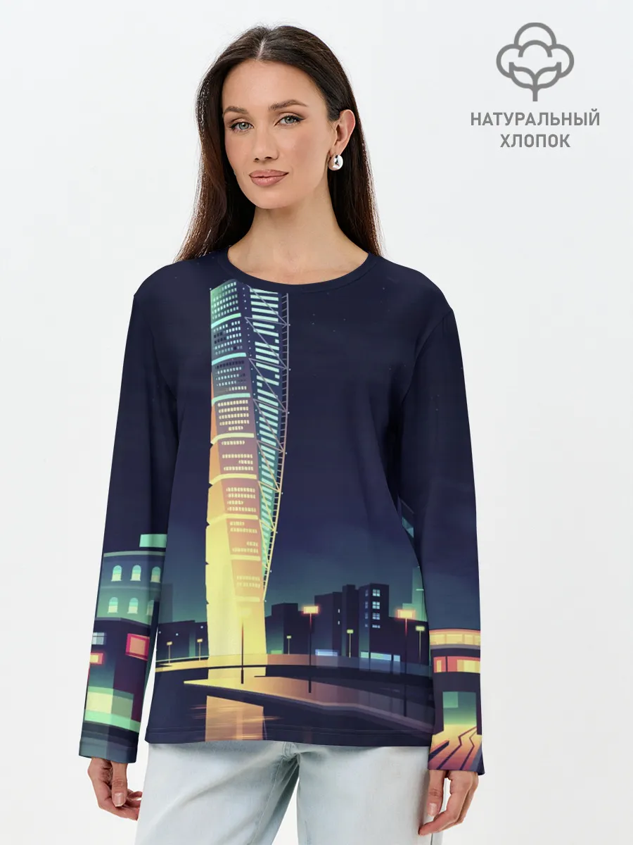 Лонгслив женский. Хлопок / Ночной Город
