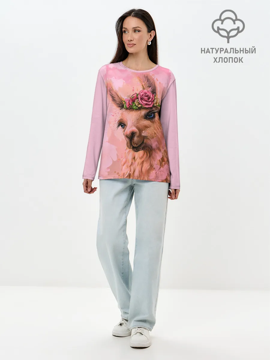 Лонгслив женский. Хлопок / лама с цветами