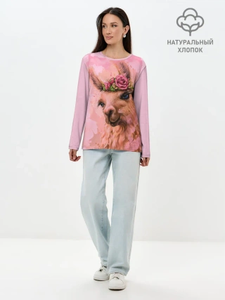 Лонгслив женский. Хлопок / лама с цветами