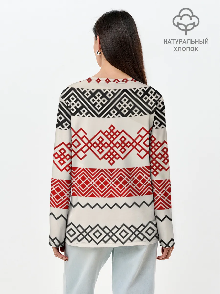 Лонгслив женский. Хлопок / Славянский узор красно-черный