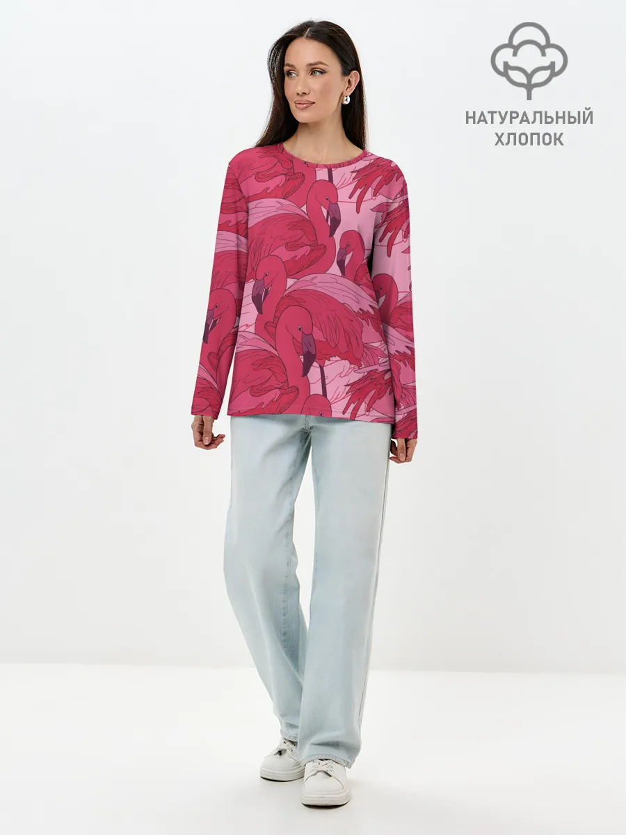 Лонгслив женский. Хлопок / розовые фламинго