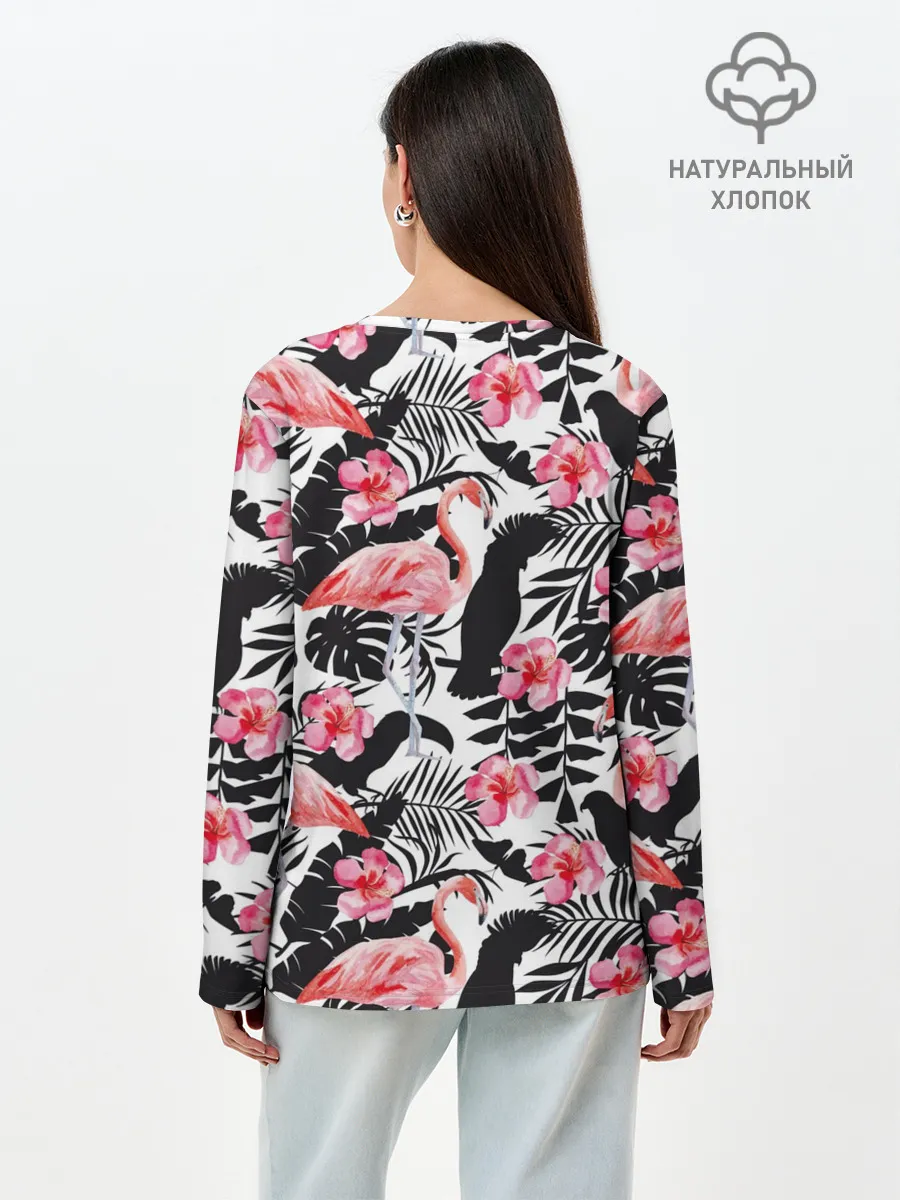 Лонгслив женский. Хлопок / фламинго и попугаи