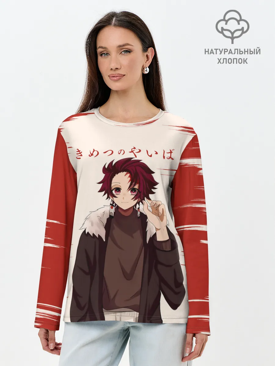 Лонгслив женский. Хлопок / Танджиро Камадо Kimetsu no Yaiba