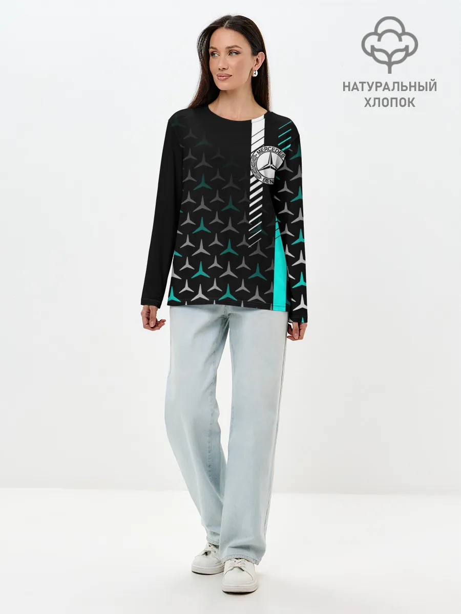 Лонгслив женский. Хлопок / МЕРСЕДЕС / AQUA BLACK GRADIENT