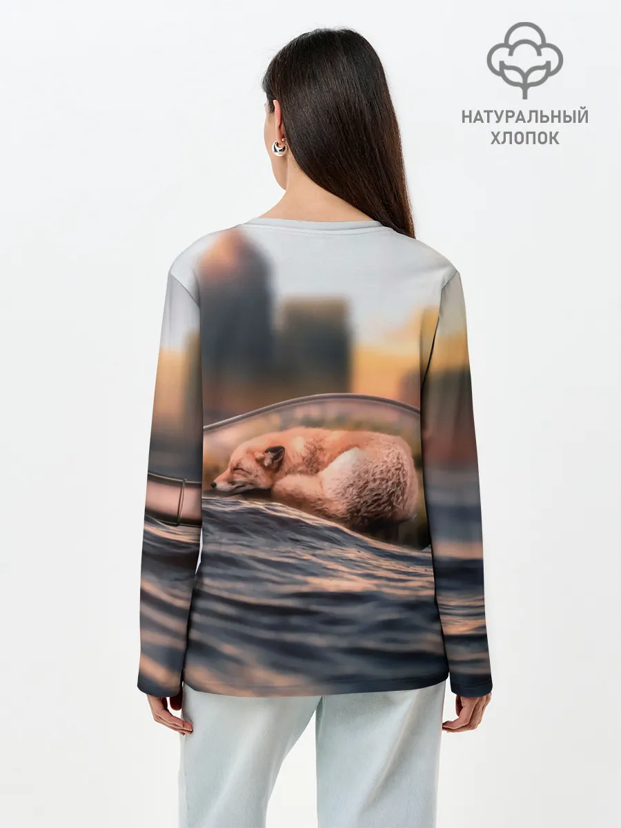 Лонгслив женский. Хлопок / Лисенок в бутылке