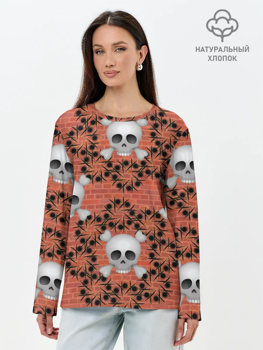 Лонгслив женский. Хлопок / Кирпичные черепа