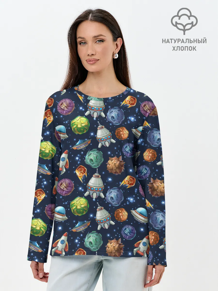 Лонгслив женский. Хлопок / Мультяшные планеты