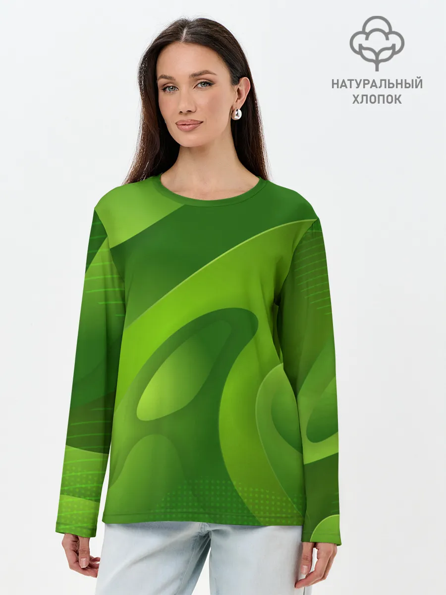 Лонгслив женский. Хлопок / 3d Green abstract