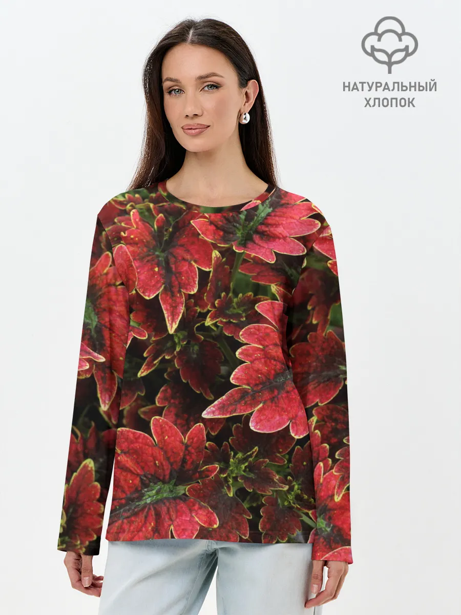 Лонгслив женский. Хлопок / Красные листья