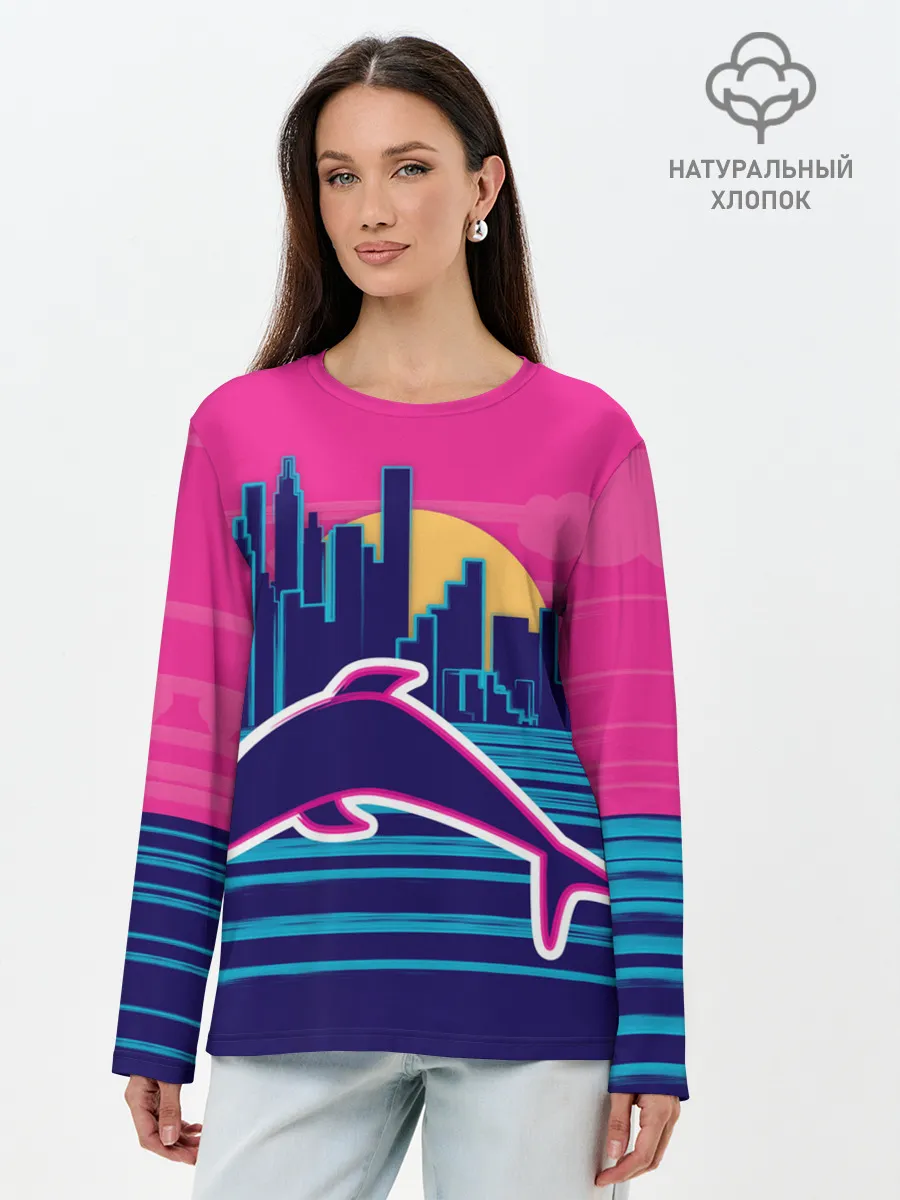 Лонгслив женский. Хлопок / Ретро дельфин