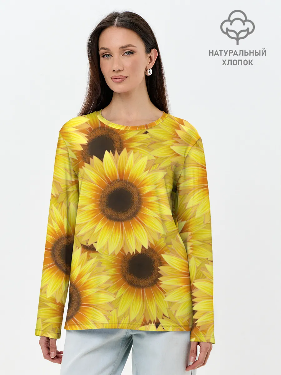 Лонгслив женский. Хлопок / Подсолнухи в поле