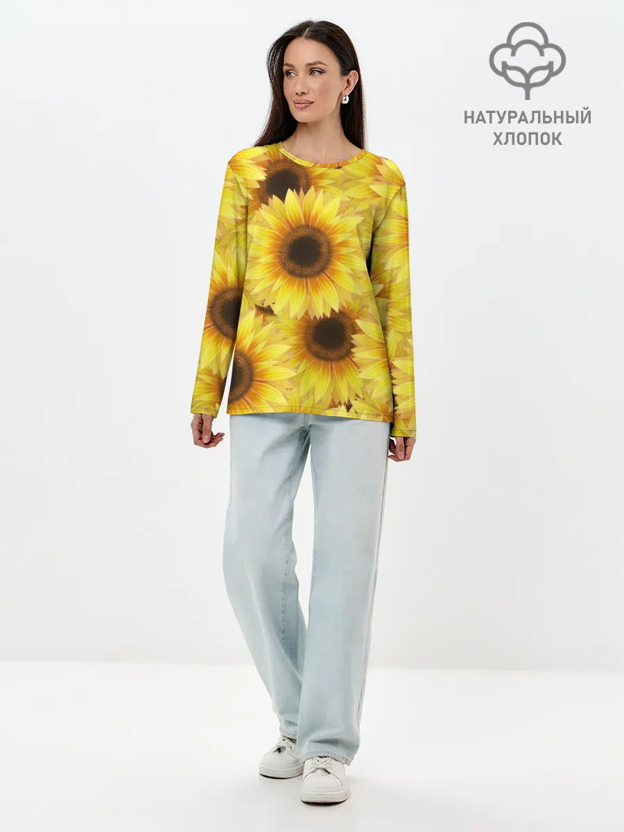 Лонгслив женский. Хлопок / Подсолнухи в поле