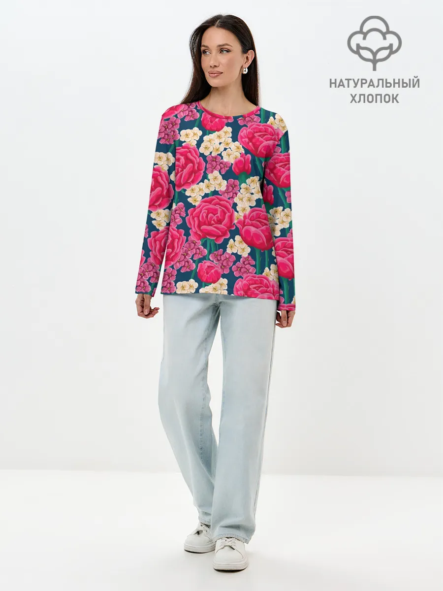 Лонгслив женский. Хлопок / Поле роз