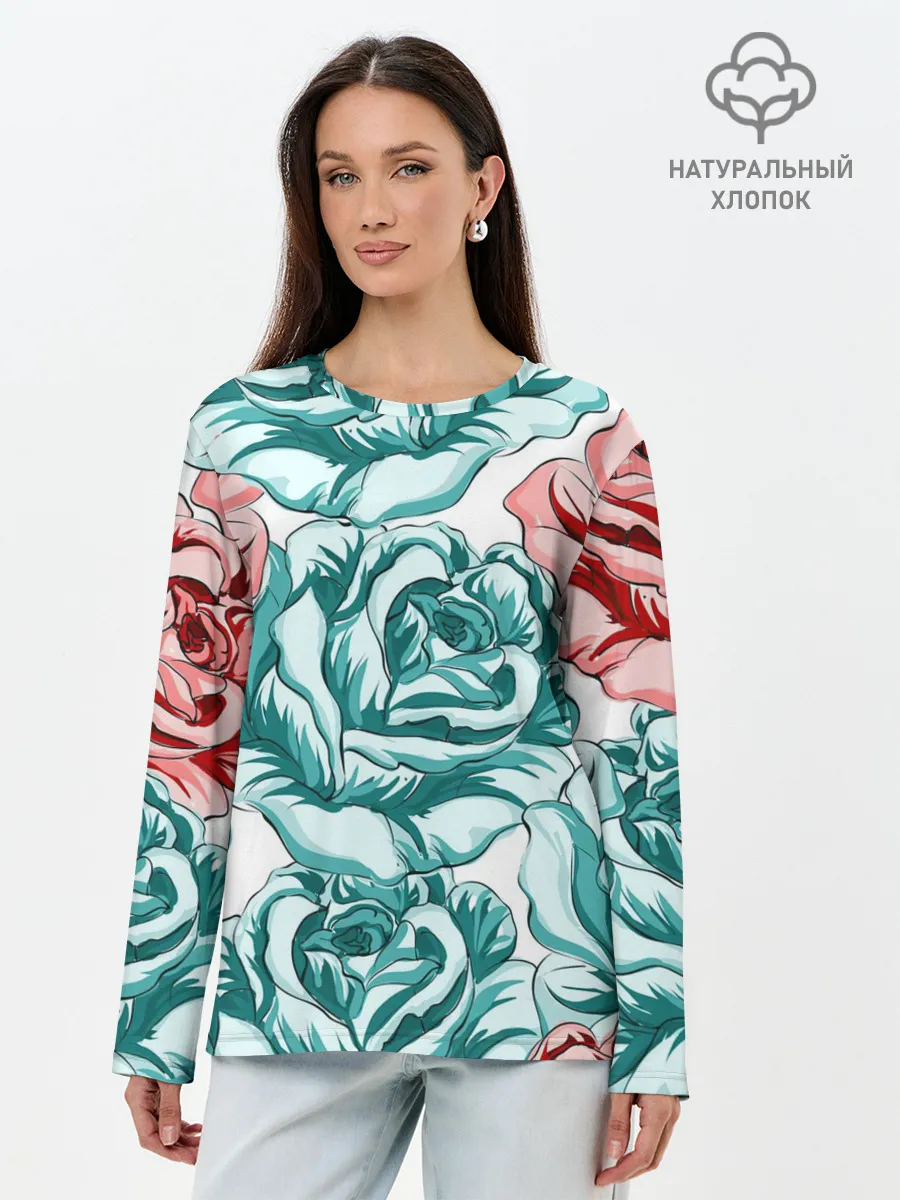 Лонгслив женский. Хлопок / Розы