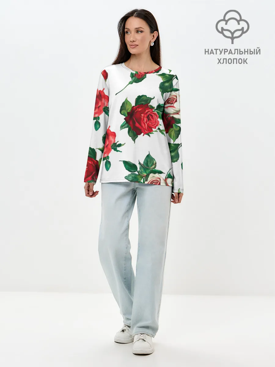 Лонгслив женский. Хлопок / Розы