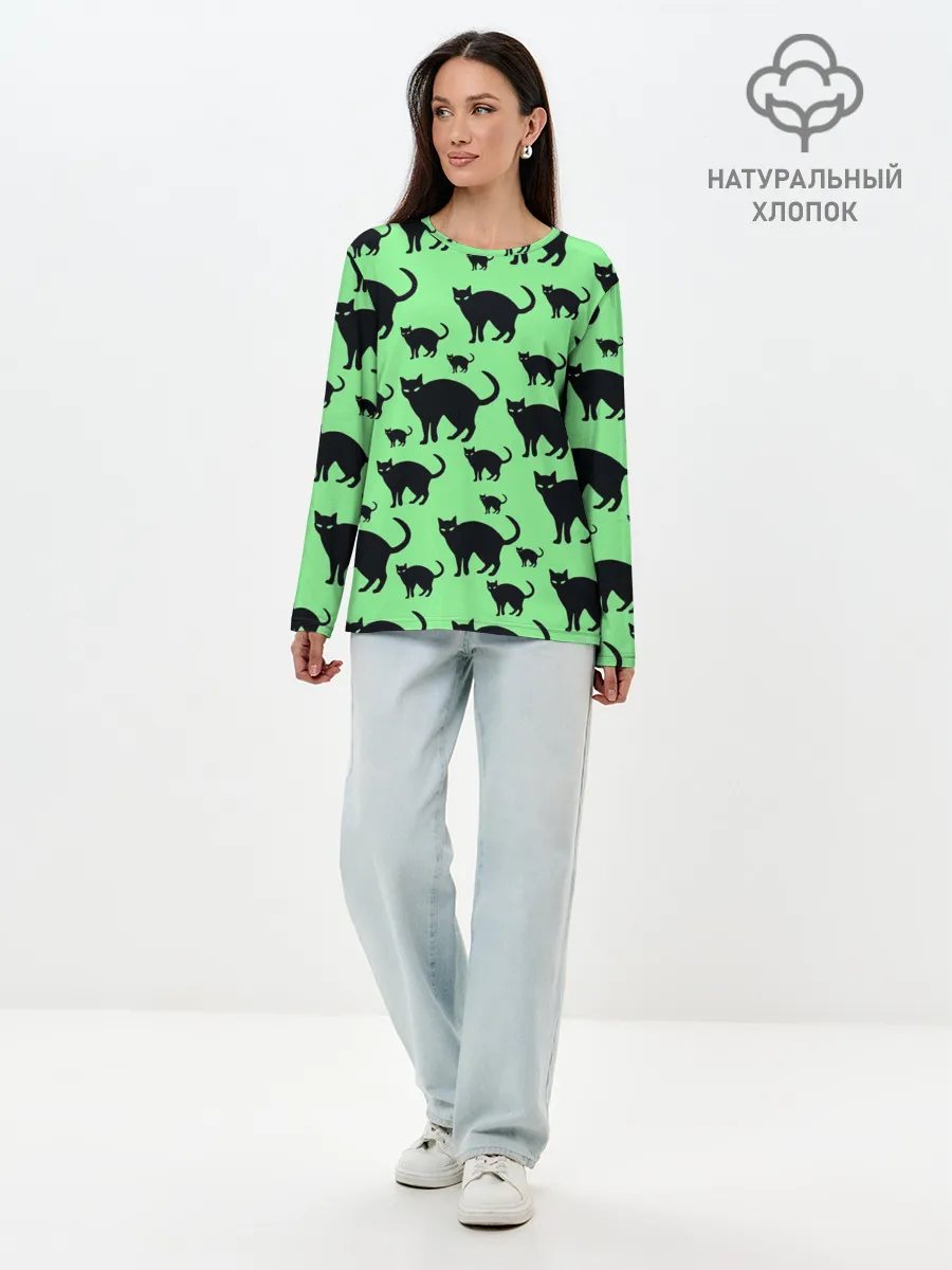 Лонгслив женский. Хлопок / Кошачий фон