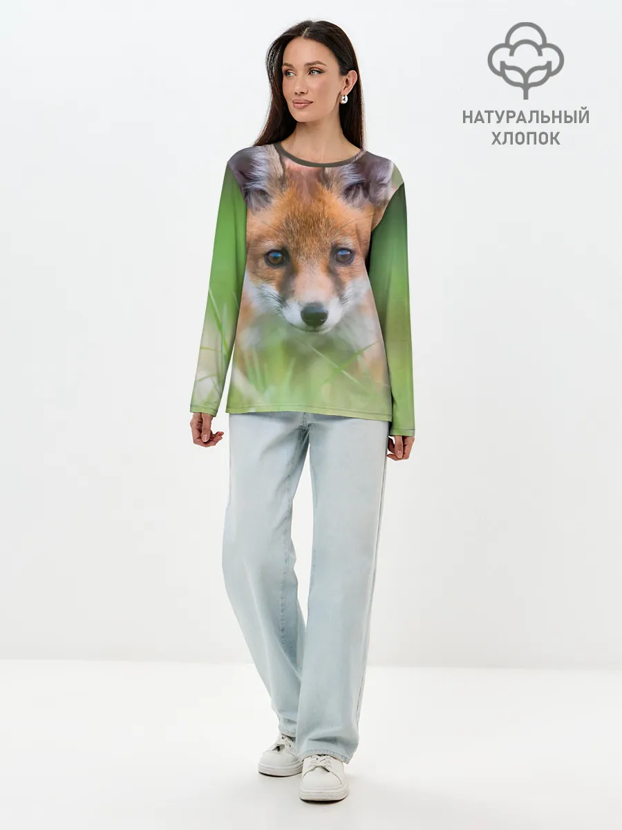 Лонгслив женский. Хлопок / Лисенок в засаде