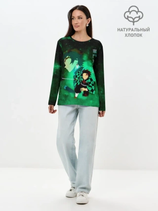 Лонгслив женский. Хлопок / Танджиро Камадо Kimetsu no Yaiba