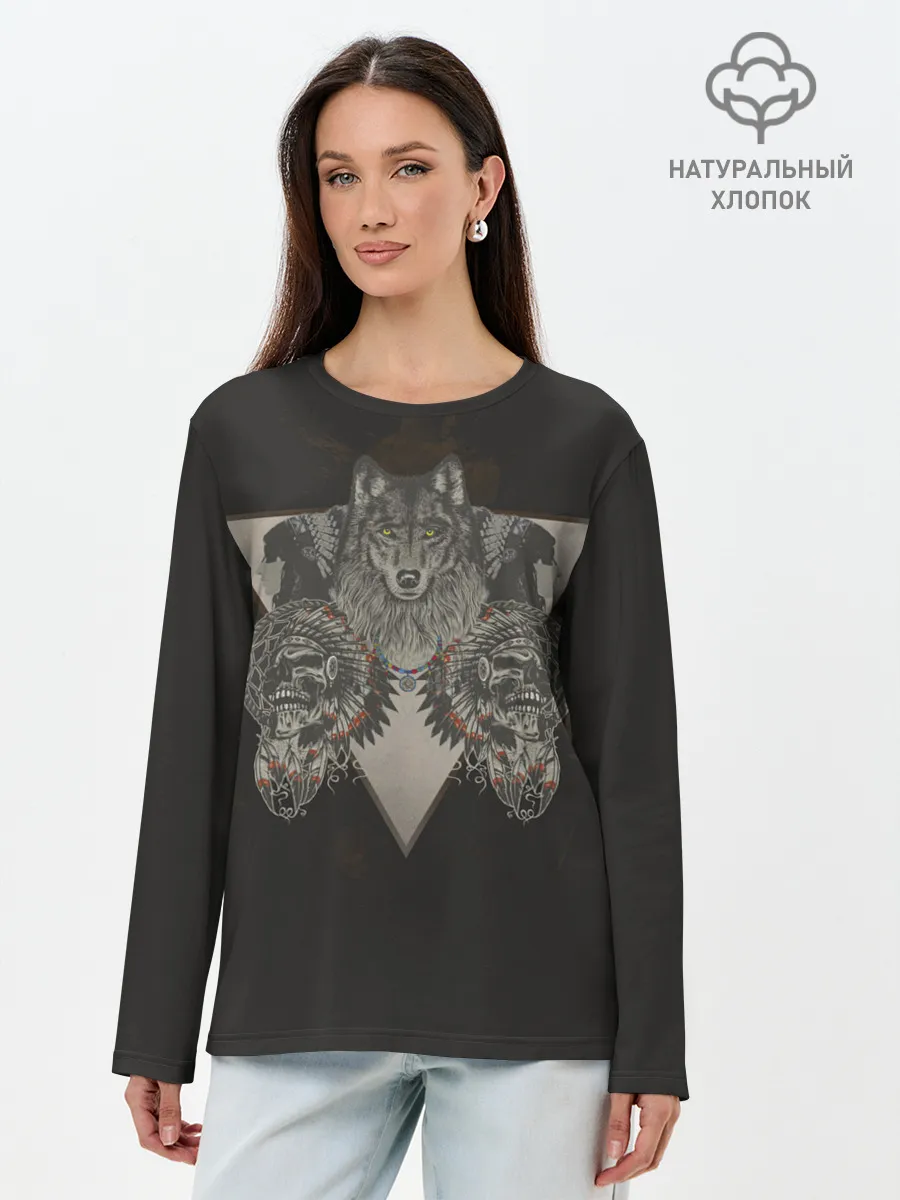 Лонгслив женский. Хлопок / Волк, черепа и индейцы