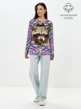 Лонгслив женский. Хлопок / Енот среди цветов