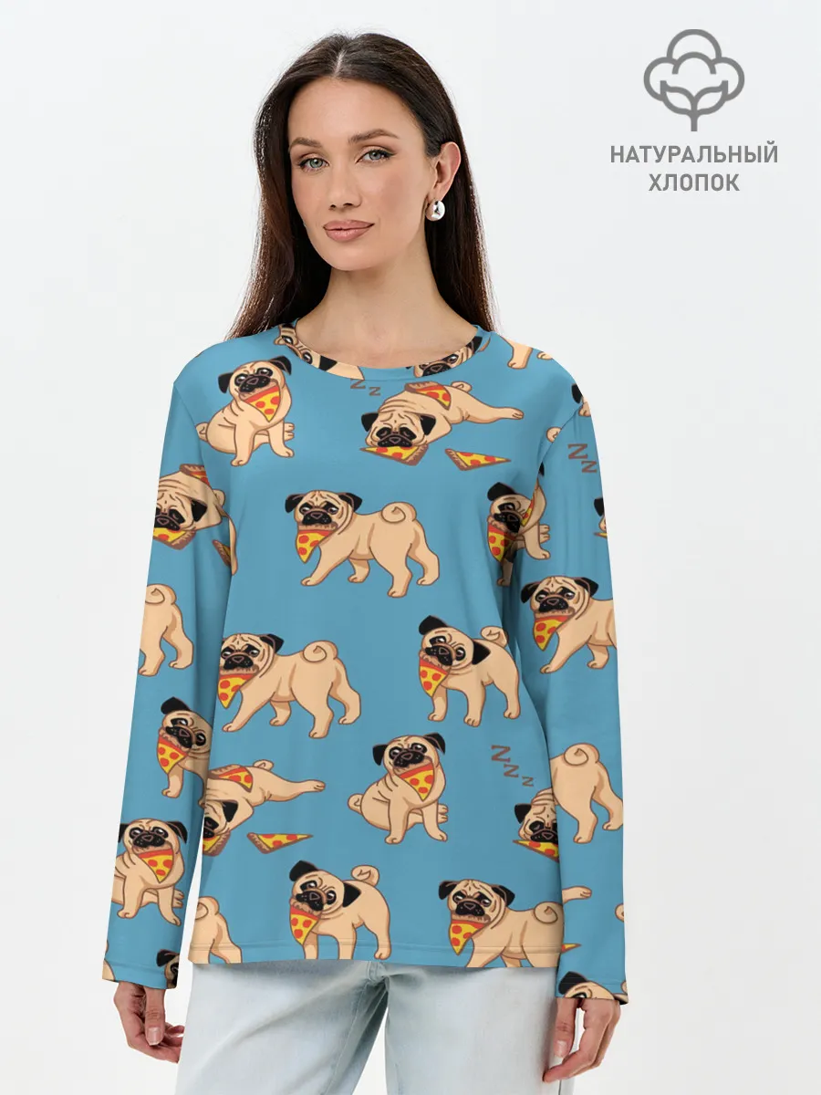 Лонгслив женский. Хлопок / Мопсы с пиццей