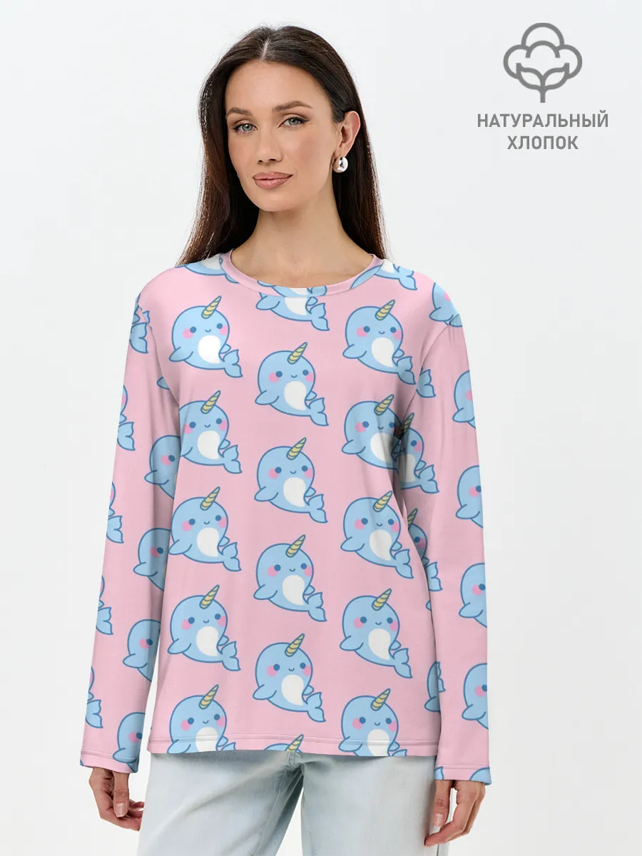 Лонгслив женский. Хлопок / Дельфинчики | Единорожки