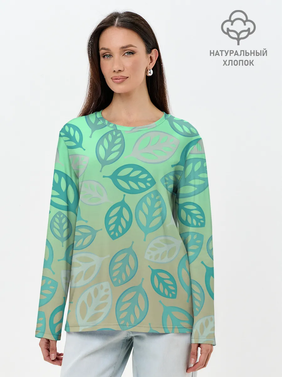 Лонгслив женский. Хлопок / узор из листиков