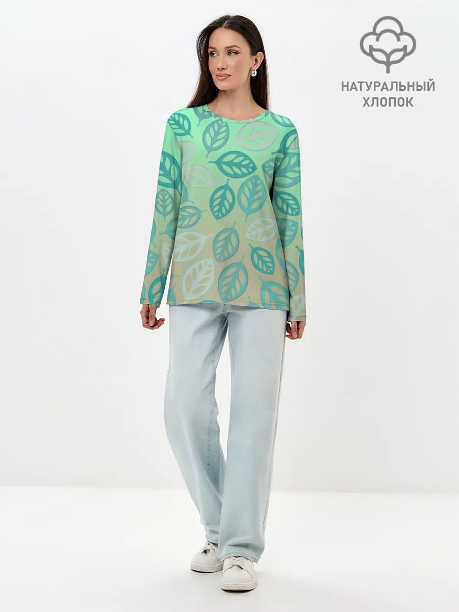 Лонгслив женский. Хлопок / узор из листиков