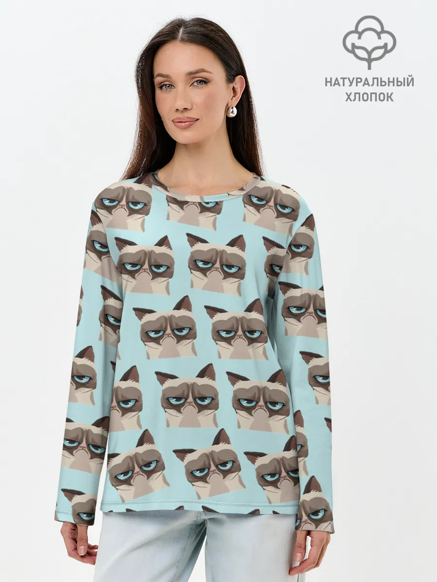 Лонгслив женский. Хлопок / Грустный котик