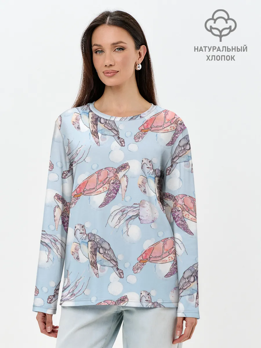 Лонгслив женский. Хлопок / подводный мир черепахи медузы