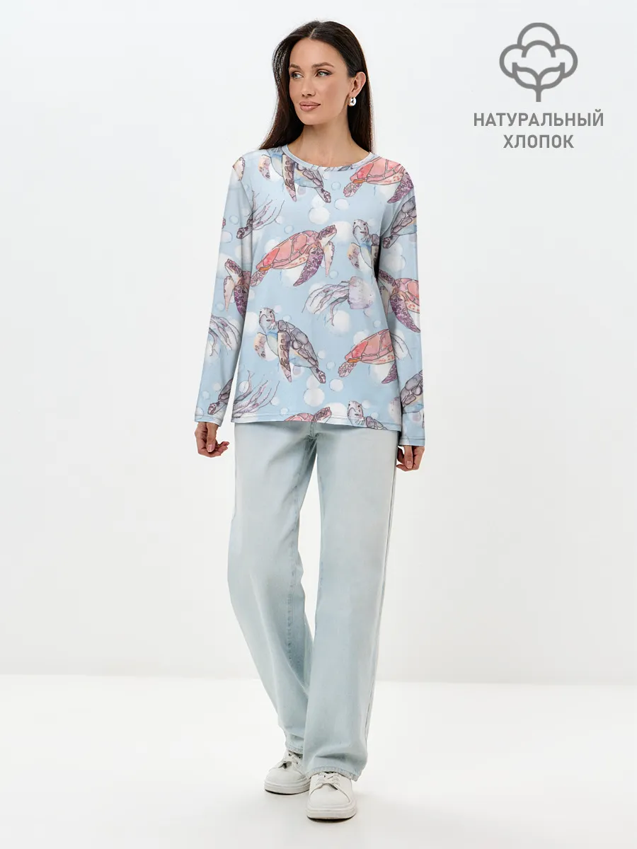 Лонгслив женский. Хлопок / подводный мир черепахи медузы