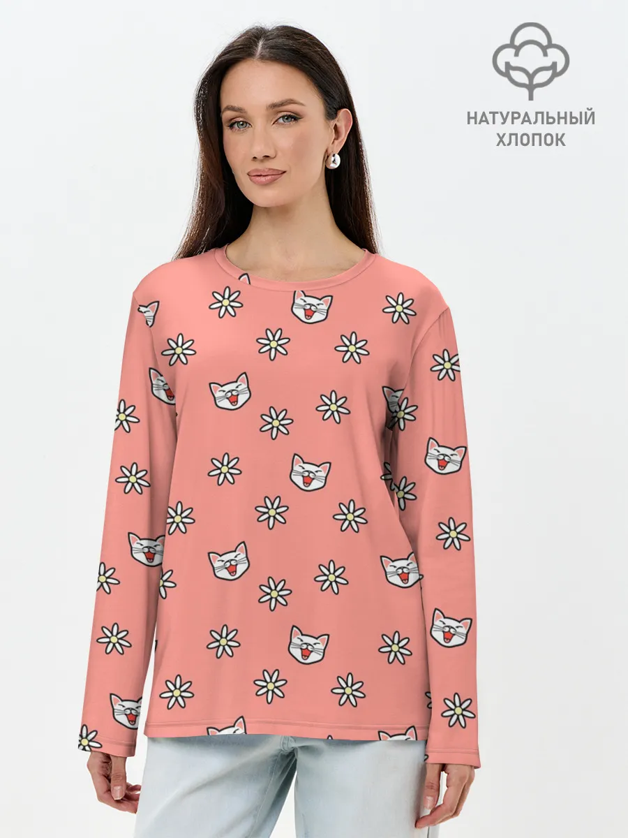 Лонгслив женский. Хлопок / Кошки и цветы