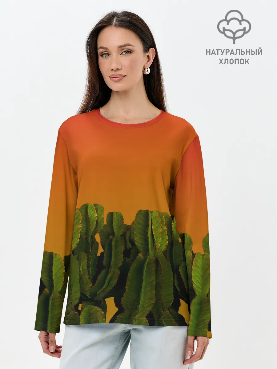 Лонгслив женский. Хлопок / Кактусы на закате