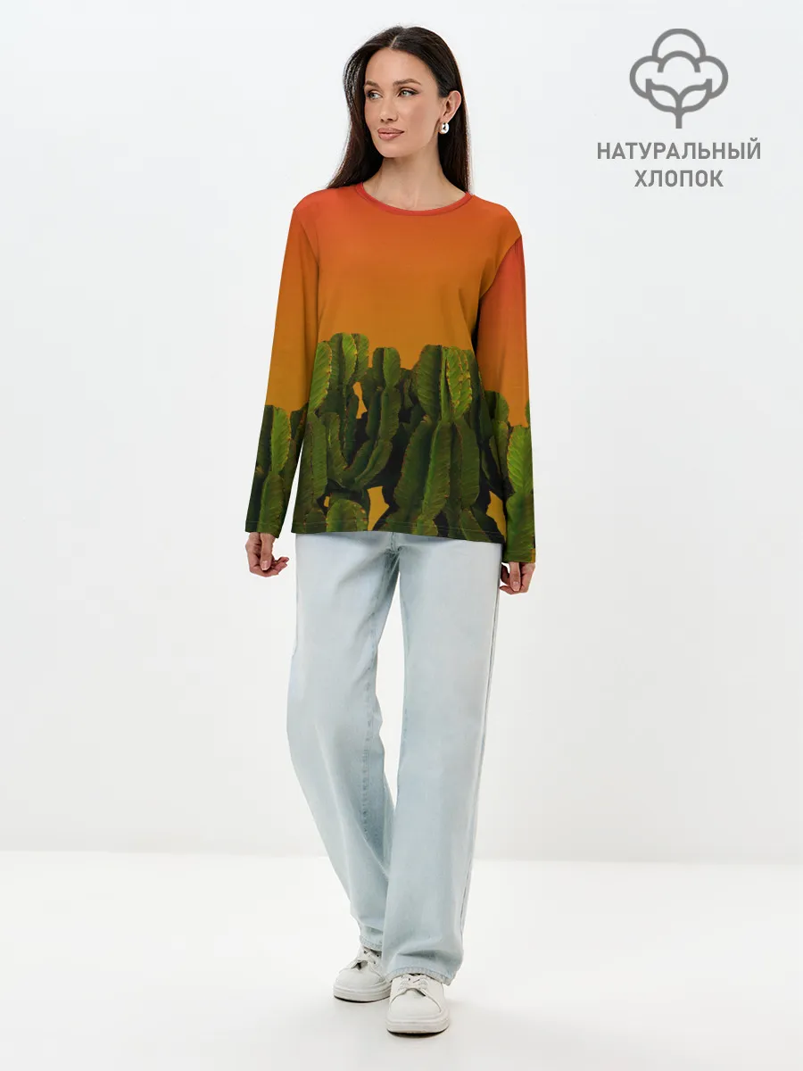 Лонгслив женский. Хлопок / Кактусы на закате