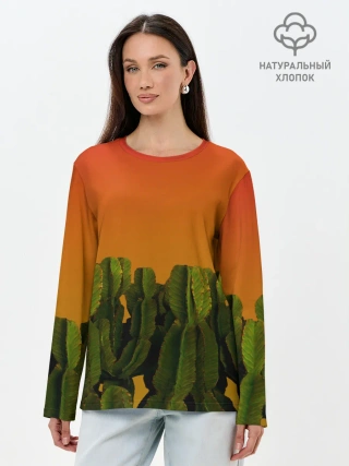 Лонгслив женский. Хлопок / Кактусы на закате