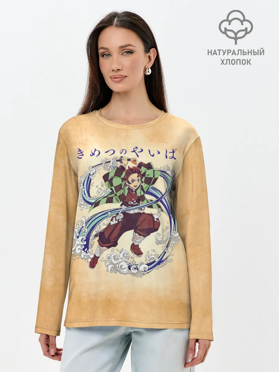 Лонгслив женский. Хлопок / Танджиро Камадо Kimetsu no Yaiba
